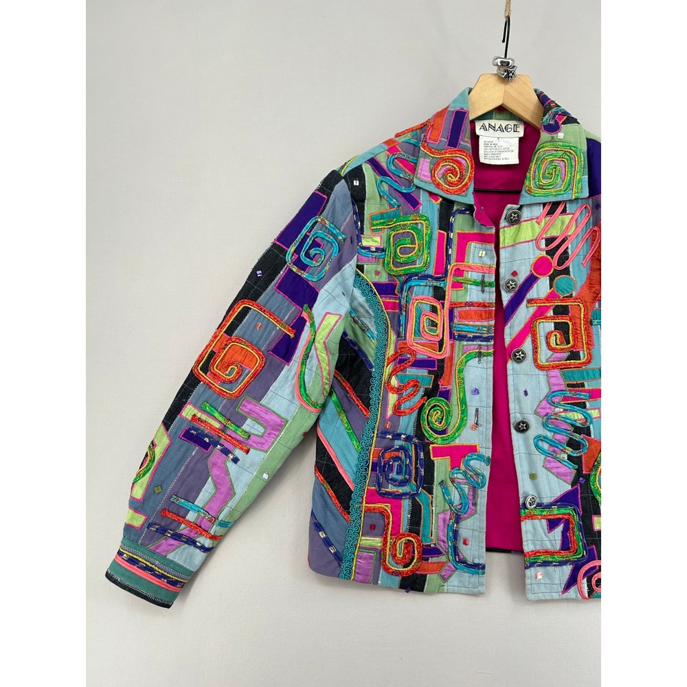 ANAGE Womens' Patchwork Art Jacket Multi Color Embroidered Button Front Sz S